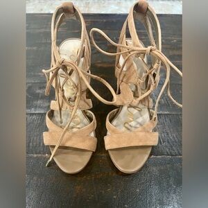 Sam Edelman Women's Yardley Sandal with Block Heel Nude Tan Suede Lace Up Shoe